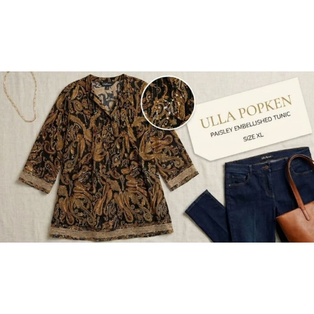 Ulla Popken Paisley Embellished Tunic Elegant Bohemian Style Size 16/18 (XL)